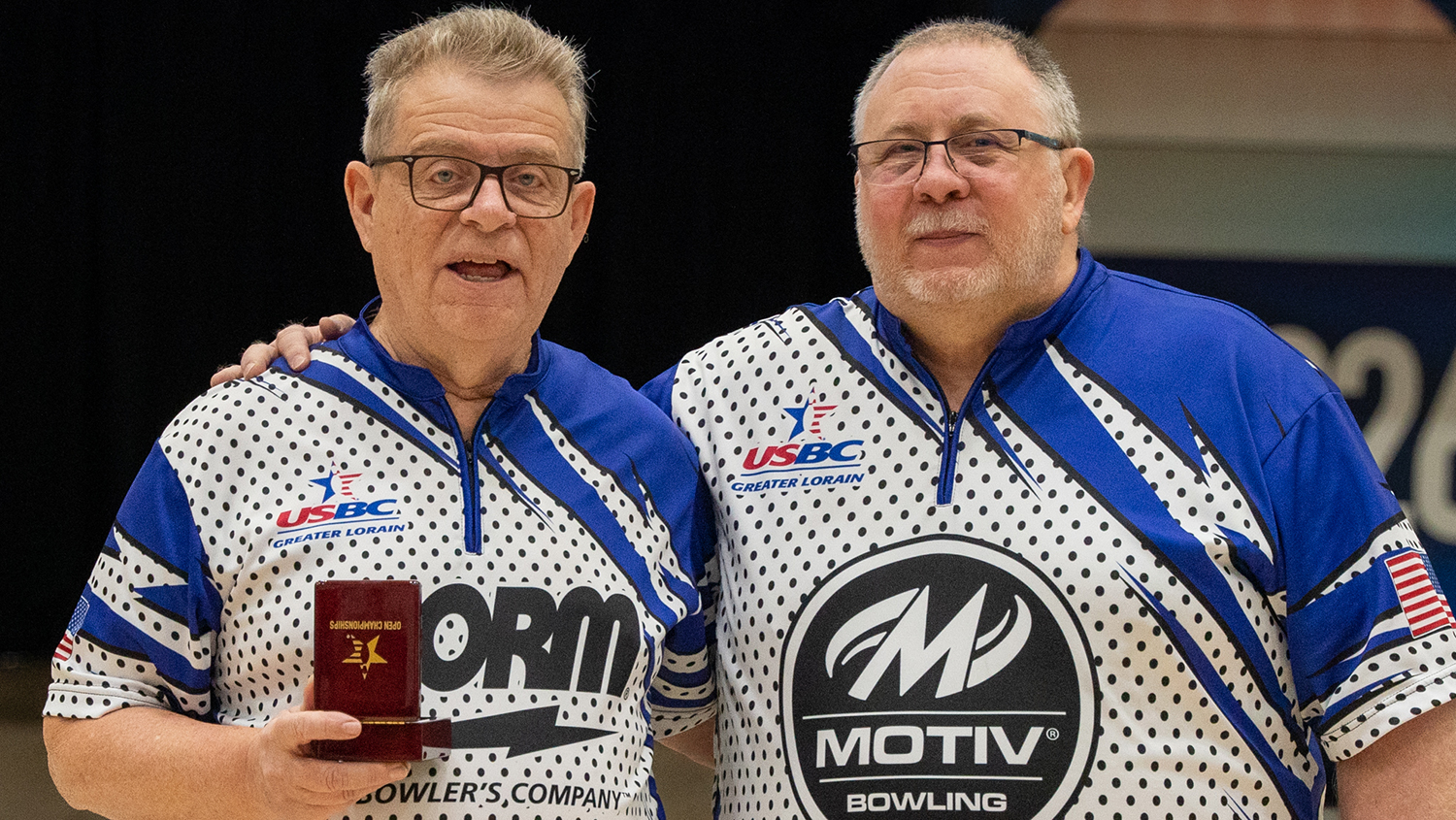 Rusty Groner celebrates his 50th appearance at the USBC Open Championships alongside teammate Joseph Gummo